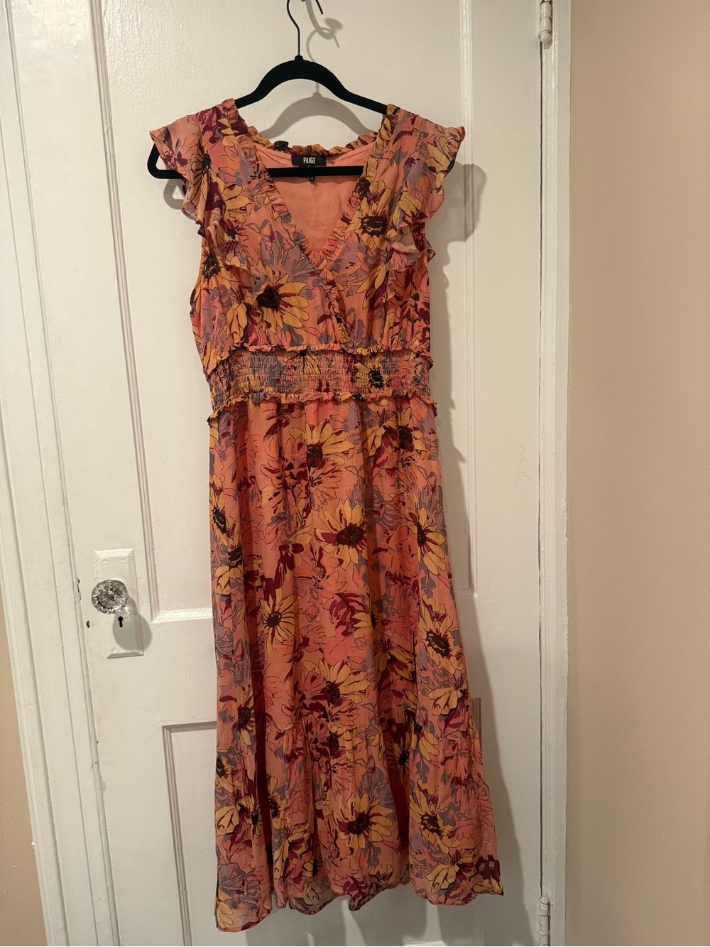 Paige Midi Silk Floral Dress with Ruffle V-Neck Fully Lined EUC